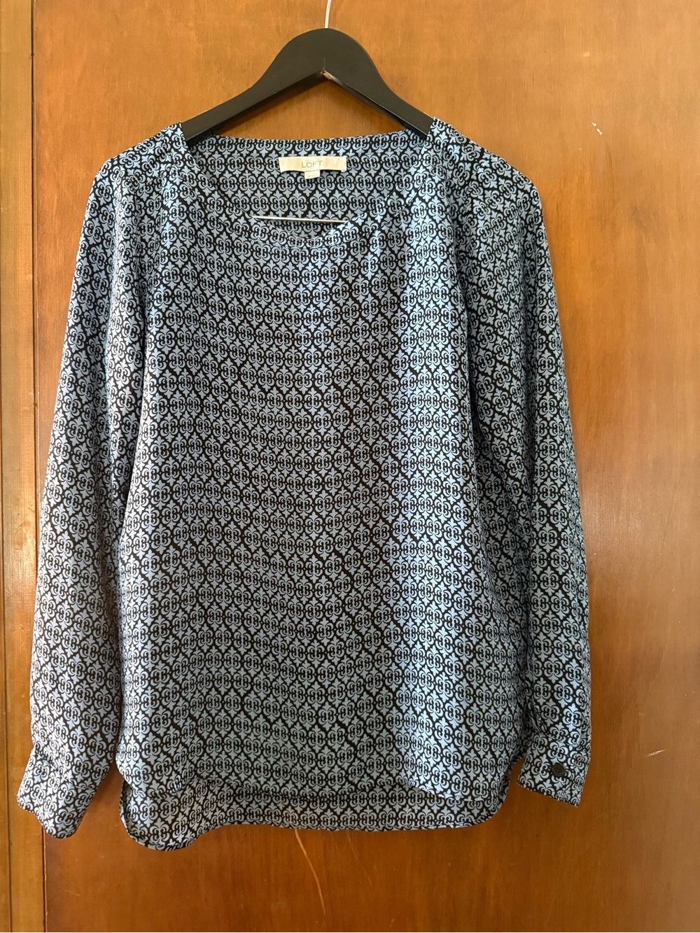LOFT Navy & White Geometric Print Long-Sleeve Top